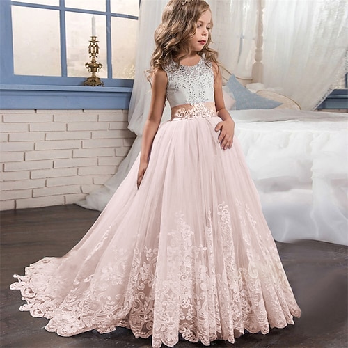 Blumenmädchenkleid Mädchen Kleid Spitzenkleid Formelle Kleidung Prinzessinenkleid Formal Leistung Hochzeit Elegant Vintage Prinzessin Spitze Schleife Blumen Ärmellos Rundhalsausschnitt Weiß Rosa 4-13 Image