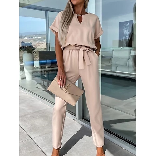 Damen Normal Jumpsuit Elegant Feste Farbe Kurzarm Rundhalsausschnitt mit Schnürung Hohe Taillenlinie B¨¹ro Arbeit Lockere Passform Schwarz Rosa Fuchsie Sommer