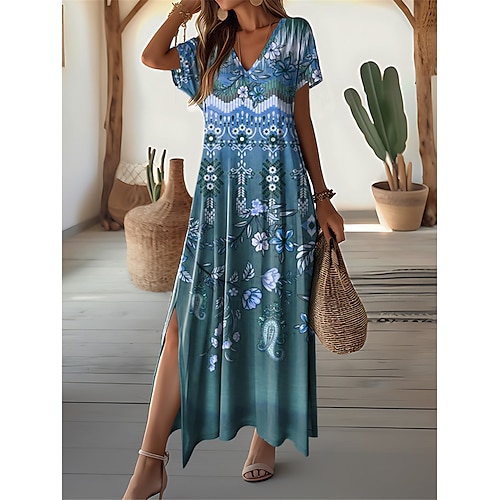 Damen Maxi Kleid Vintage Kleid Lässiges Kleid Freizeitkleid Vintage Ethnisch Tribal Drop Shoulder Urlaub Straße Feiertag Reguläre Passform Tribal Kurzarm V-Ausschnitt Weiß Blau Lila Khaki