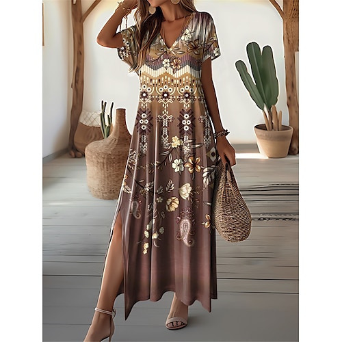Damen Maxi Kleid Vintage Kleid Lässiges Kleid Freizeitkleid Vintage Ethnisch Tribal Drop Shoulder Urlaub Straße Feiertag Reguläre Passform Tribal Kurzarm V-Ausschnitt Weiß Blau Lila Khaki