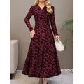 Damen abendkleider Cocktailkleid Kleid für Hochzeitsgäste Bedruckt V Ausschnitt Langarm Blumen Midikleid winterkleider damen kleid hochzeitsgast Rote Beige Winter