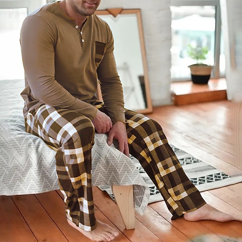 Herren Hausanzug Schlafanzüge Schlafanzug Set Pyjama-Oberteil und Hose 2 Stück Plaid Stilvoll Brautkleider schlicht Komfort Heim Täglich Baumwollmischung Komfort Henley Langarm T Shirt Hose Kordelzug Image