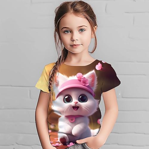Mädchen T-Shirt mit 3D-Grafik, Tier und Katze, kurzärmlig, 3D-Druck, Sommer, Frühling, aktiv, modisch, süß, Polyester, Kinder, 4–12 Jahre, Outdoor, lässig, täglich, normale Passform