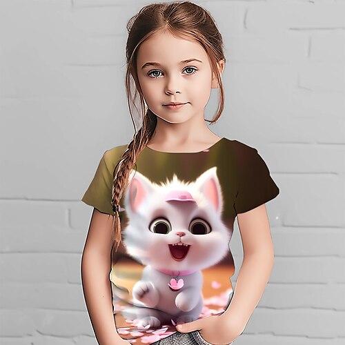 Mädchen T-Shirt mit 3D-Grafik, Tier und Katze, kurzärmlig, 3D-Druck, Sommer, Frühling, aktiv, modisch, süß, Polyester, Kinder, 4–12 Jahre, Outdoor, lässig, täglich, normale Passform