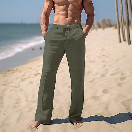 Herren Leinenhosen Hose Sommerhose Strandhose Fronttasche Gerader Schnitt Einfach Komfort Atmungsaktiv Lässig Täglich Ferien Mode Basic Schwarz Weiß Image