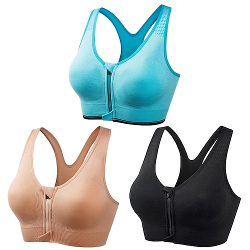 3er-Pack Sport-BHs mit starker Stützfunktion für Damen, Lauf-BH, nahtlos, Racerback-BH-Oberteil mit Reißverschluss vorne, gepolstert, für Yoga, Fitness, Fitnessstudio, Training, atmungsaktiv, Image