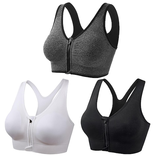 3er-Pack Sport-BHs mit starker Stützfunktion für Damen, Lauf-BH, nahtlos, Racerback-BH-Oberteil mit Reißverschluss vorne, gepolstert, für Yoga, Fitness, Fitnessstudio, Training, atmungsaktiv, Image