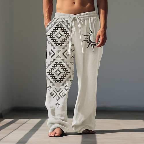 Herren Ethnisch Sunfire Freizeithose Hosen Hose Baggy-Hosen Mittlere Taille Vintage Outdoor Streetwear Alltagskleidung Herbst Winter Schwarz Weiß Grün Image