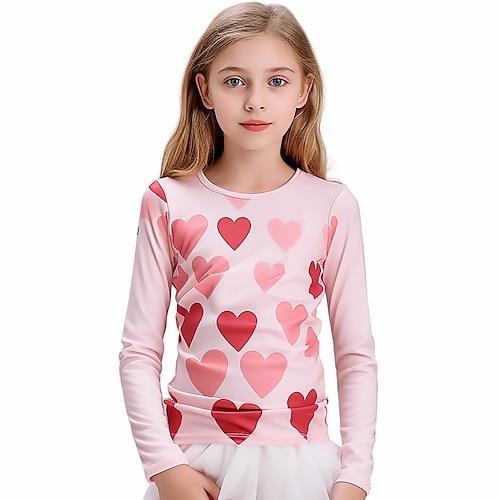 Valentinstag Mädchen 3D Herz T-Shirt Hemden Rosa Langarm 3D-Druck Herbst Winter Aktiv Modisch Kuschelig Polyester kinderkleidung 3-12 Jahre Rundhalsausschnitt Outdoor Casual Täglich Regular Fit Image