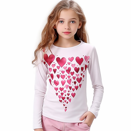 Valentinstag Mädchen 3D Herz T-Shirt Hemden Rosa Langarm 3D-Druck Herbst Winter Aktiv Modisch Kuschelig Polyester kinderkleidung 3-12 Jahre Rundhalsausschnitt Outdoor Casual Täglich Regular Fit Image