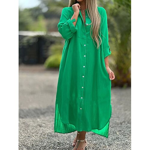 Damen Maxikleid Hemdblusenkleid Baumwoll-Leinen-Kleider Freizeitkleid Baumwoll-Sommerkleid Mode Basic Modern Täglich Outdoor Urlaub Lässiger Schnitt Einfach Langarm Hemdkragen Blau Schwarz Weiß Gelb Image