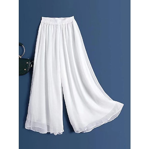 Damen Weites Bein Hosen Hose Urlaub Streetwear Leicht Volle Länge Hohe Taille Einfach Elastischer Bund Hoher Schnitt Atmungsaktivität Bequem Mikroelastisch Outdoor Ferien Alltagskleidung Schwarz Wei Image