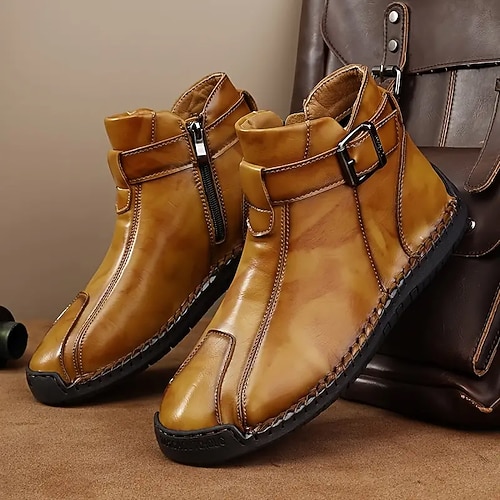 Lässige Damenstiefeletten mit Schnalle – flache Wanderschuhe aus weichem Leder mit seitlichem Reißverschluss für Herbst, Reisen und den Alltag