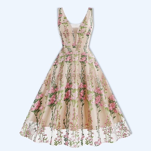Retro Vintage 1950er Rockabilly Kleid A-Linie Kleid Swing-Kleid Blume / Blumenmuster Kostüm Damen Halloween Karneval Maskerade Alltagskleidung Junggesellinnenabschiedsparty Erwachsene Kleid Image
