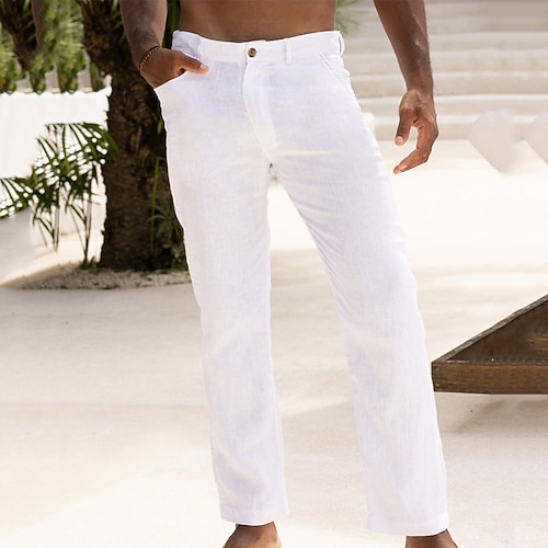 Herren Leinenhosen Anzughose Sommerhose Knöpfe Fronttasche Gerader Schnitt Einfach Komfort Atmungsaktiv Lässig Täglich Ferien Mode Basic Schwarz Weiß Image