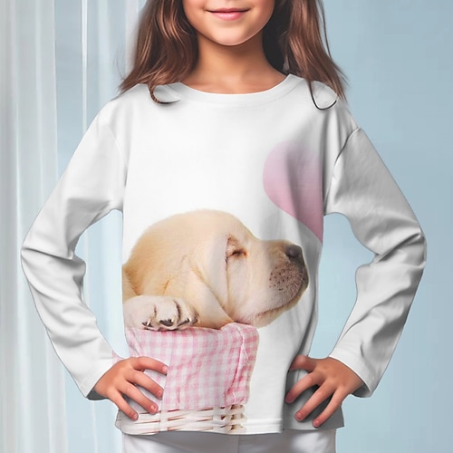 3D-Hunde-T-Shirt für Mädchen, langärmlig, 3D-Druck, Herbst, Winter, aktiv, modisch, niedlich, Polyester, Kinder, 3–12 Jahre, Rundhalsausschnitt, Outdoor, lässig, täglich, normale Passform Image