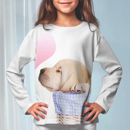 3D-Hunde-T-Shirt für Mädchen, langärmlig, 3D-Druck, Herbst, Winter, aktiv, modisch, niedlich, Polyester, Kinder, 3–12 Jahre, Rundhalsausschnitt, Outdoor, lässig, täglich, normale Passform Image