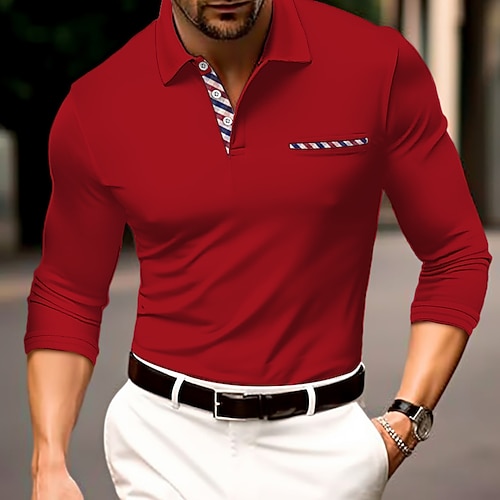 Herren Poloshirts Polo mit Knopfleiste Lässig Sport Revers Langarm Mode Basic Farbblock Knöpfe Fronttasche Frühling Herbst Normale Passform Rote Poloshirts Image