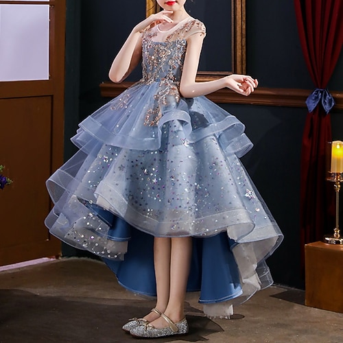kinderkleidung Mädchen Party Kleid Pailletten Kurzarm Leistung Hochzeit Rüschen Gitter Modisch Prinzessin Polyester Midi abendkleider Schaukelkleid Sommer Frühling 3-12 Jahre Blau Image