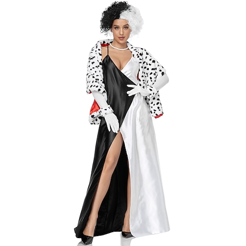 101 gefleckte Welpen Cruella De Vil Kleid Cosplay Perücken Maskerade Cosplay-Kostüm Sexy Kostüm for Damen Erwachsene Maskerade Image