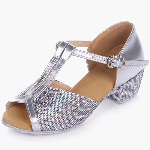 Ballsaal-Tanzschuhe für Mädchen in Gold-Glitzer – T-Riemen-Absatzschuhe mit Wildledersohle für lateinamerikanische Tänze und Auftritte und Wettbewerbe Image