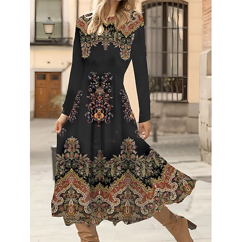 Damen Midi Kleid A-Linie Kleid Lässiges Kleid Winterkleid Swing Kleid Mode Streetwear Reif Formell Outdoor Urlaub Reguläre Passform Floral Lange Ärmel Rundhalsausschnitt Schwarz Rot Grün Grau Herbst Image