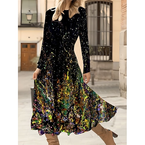 Damen Midi Kleid A-Linie Kleid Lässiges Kleid Winterkleid Swing Kleid Mode Streetwear Reif Formell Outdoor Urlaub Reguläre Passform Floral Lange Ärmel Rundhalsausschnitt Schwarz Rot Grün Grau Herbst Image