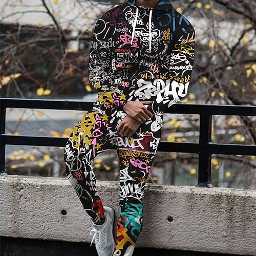 Herren Grafik Buchstabe Graffiti 2St 3D Sweatshirt-Sets Kapuzensweatshirt Trainingsanzug Langarm Lange Hosen Mit Kapuze Mode Streetwear Lässig Täglich Sport Ausgehen 3D-Druck Frühling Herbst Gelb Image