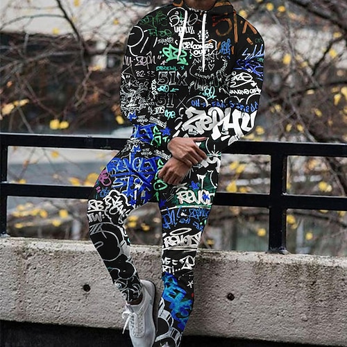 Herren Grafik Buchstabe Graffiti 2St 3D Sweatshirt-Sets Kapuzensweatshirt Trainingsanzug Langarm Lange Hosen Mit Kapuze Mode Streetwear Lässig Täglich Sport Ausgehen 3D-Druck Frühling Herbst Gelb Image