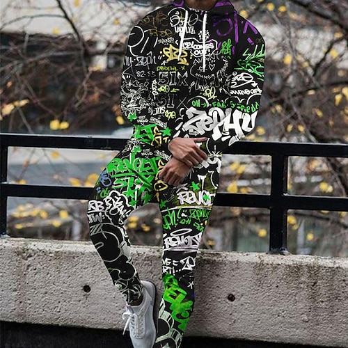 Herren Grafik Buchstabe Graffiti 2St 3D Sweatshirt-Sets Kapuzensweatshirt Trainingsanzug Langarm Lange Hosen Mit Kapuze Mode Streetwear Lässig Täglich Sport Ausgehen 3D-Druck Frühling Herbst Gelb Image