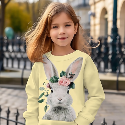 Mädchen 3D Tiermotiv Kaninchen Hase Sweatshirt Langarm 3D-Druck Sommer Herbst Mode Streetwear Niedlich Kinder 3-12 Jahre Outdoor Lässig Täglich Normale Passform Image