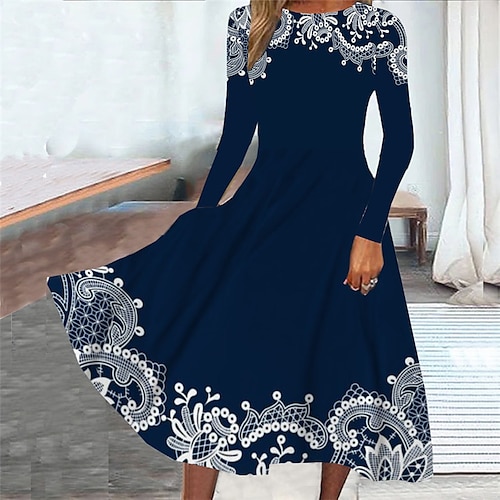 Damen Midi Kleid Lässiges Kleid Winter Kleid Schwung Kleid Mode Bescheiden Formal Outdoor Party Regulär Fit Floral Lange Ärmel Rundhals Marineblau Frühling Herbst Winter Image