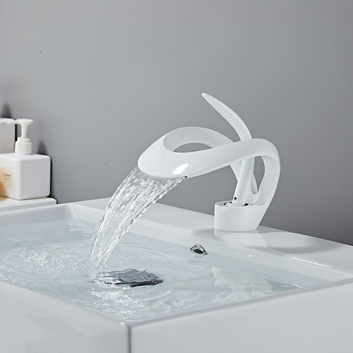 Schwarzer Waschbecken-Mischbatterie-Wasserhahn, Wasserfall-Auslauf, Messing-Waschtischarmaturen, Einhand-Einloch-Waschbecken-Badezimmerarmatur mit Heiß- und Kaltschalter, goldgraues Chrom Image