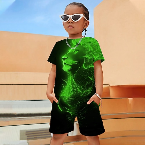 T-Shirt und Shorts mit 3D-Grafik für Jungen, Löwe, Tier, Kleidung, T-Shirt-Set, Kurzarm, 3D-Drucke, Sommer, Frühling, Aktiv, Sport, Mode, Polyester, Kinder, 4–12 Jahre, Outdoor, Straße, Urlaub, normale Passform