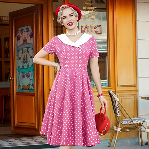 1950er Retro Vintage Rockabilly Knielang Kleid Swing-Kleid Ausgestelltes Kleid Normal Tupfen Tailliert und ausgestellt Schaukel V Ausschnitt Kostüm Damen Karneval Neujahr Maskerade Alltagskleidung Image