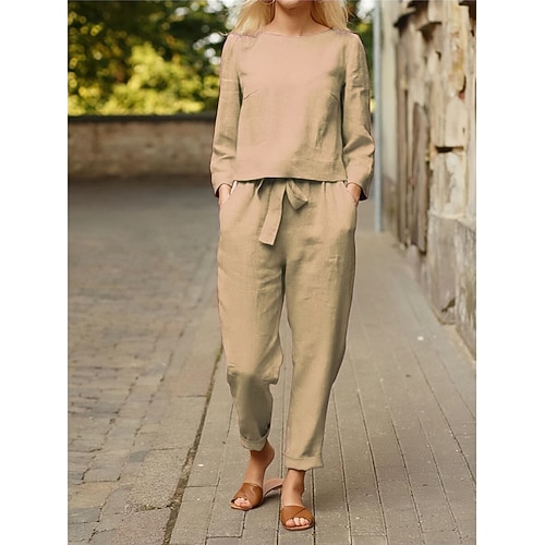 Damen Loungewear Zweiteiler schlicht Basic einfarbig Tasche elastische Taille Baumwoll-Leinen-Sets T-Shirt Hose Street Alltag Langarm Rundhalsausschnitt Schwarz Orange Beige Sommer Frühling Image