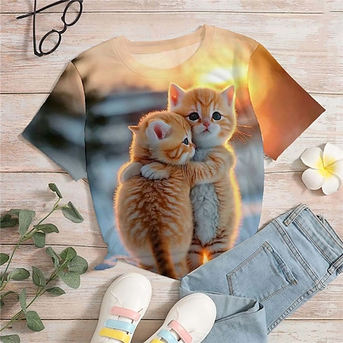 Mädchen 3D Graphic Karikatur Katze T-Shirt Kurzarm 3D-Druck Sommer Frühling Aktiv Modisch Kuschelig kinderkleidung 3-12 Jahre Outdoor Casual Täglich Regular Fit Image