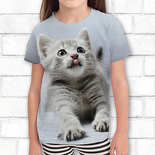 Mädchen 3D Graphic Karikatur Katze T-Shirt Kurzarm 3D-Druck Sommer Frühling Aktiv Modisch Kuschelig kinderkleidung 3-12 Jahre Outdoor Casual Täglich Regular Fit Image