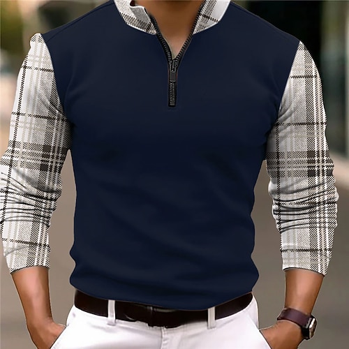 Herren Karomuster Reißverschluss-Polo Langarm Polo-Shirts Reißverschluss Geschäftlich Outdoor Alltagstauglich Streetwear 3D Druck Herbst Winter Schwarz Weiß Dunkelmarine Image