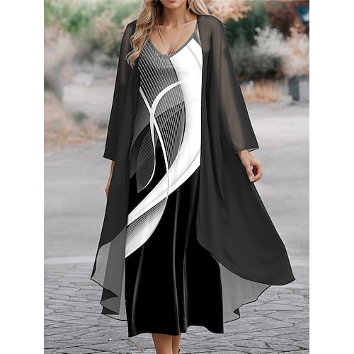 Damen Kleid-Set Freizeitkleid Chiffonkleid Schwingkleid Mode Streetwear Blumen Geometrisch Druck Langes Kleid Maxikleid Langarm V Ausschnitt Outdoor Büro Blau Schwarz Grün Frühling Normale Passform Image