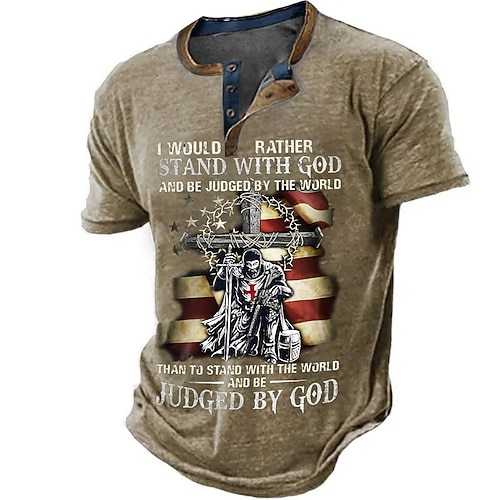 Herren christliches Glaubens Grafik Henley T-Shirt - 'Steh mit Gott' Religiöser Ritter patriotisch Kurzarm Image