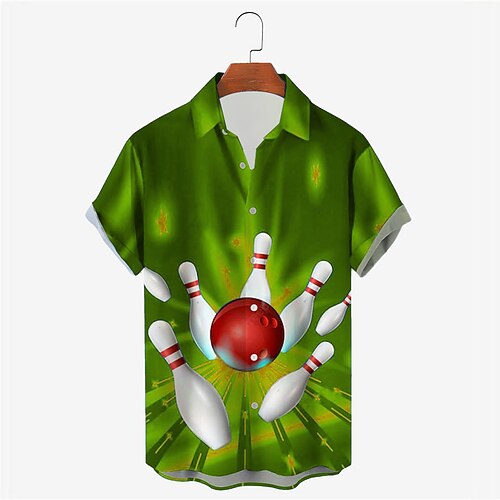 Herren Bowlingkugel Hemd Knopfhemd Kurzarm Designer Brautkleider schlicht Weich Outdoor Täglich Festtage Sommer Frühling Umlegekragen Bedruckt Button-Down Weiß Grün Schwarz Gelb Rote Blau Image