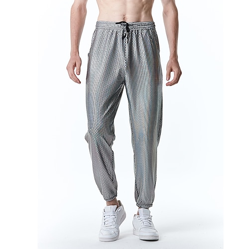 Herren Jogginghose Jogger Hose Hosen Chinesisch Chino Freizeithose Paillettenhose Kordelzug Elastische Taille Glänzend Matallic Feste Farbe Nachtclub Disco-Lichter Brautkleider schlicht HipHop Silber Image