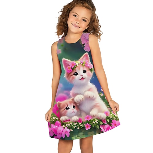 kinderkleidung Mädchen Kleid Graphic Blumen Katze Ärmellos Outdoor Casual Modisch Kuschelig Täglich Polyester Übers Knie Casual kleid A Linie Kleid Tank-Top Kleid Sommer Frühling 3-12 Jahre Hellgrün Image
