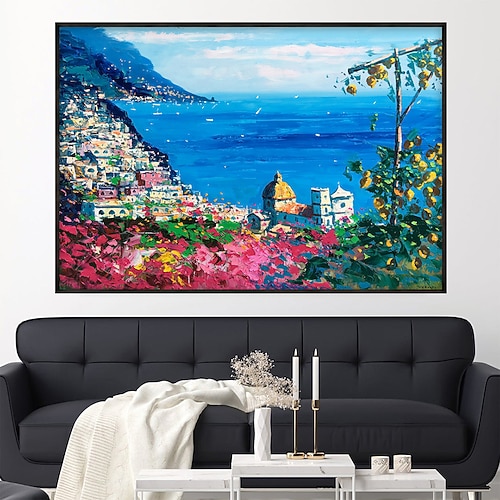 Handgemalte Wandkunst, Comer See, Gemälde auf Leinwand, Landschaftsmalerei, Italien, Ölgemälde, Wandkunst, Landschaftsmalerei, Stadtkunst, Heimdekoration, fertig zum Aufhängen oder auf Leinwand Image