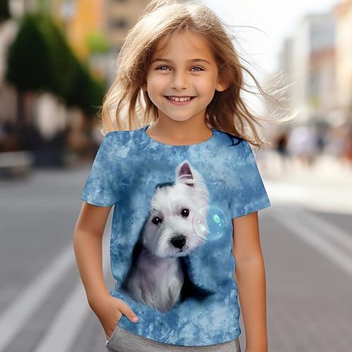 Mädchen T-Shirt mit 3D-Hund, rosa, kurzärmlig, 3D-Druck, Sommer, aktiv, modisch, süß, Polyester, Kinder, 4–12 Jahre, Rundhalsausschnitt, Outdoor, lässig, täglich, normale Passform