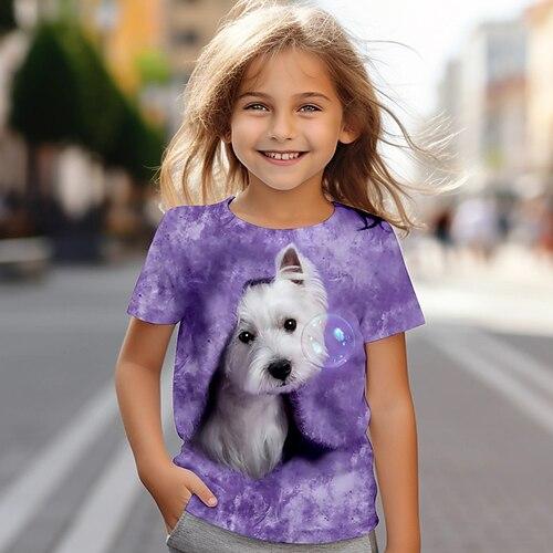 Mädchen T-Shirt mit 3D-Hund, rosa, kurzärmlig, 3D-Druck, Sommer, aktiv, modisch, süß, Polyester, Kinder, 4–12 Jahre, Rundhalsausschnitt, Outdoor, lässig, täglich, normale Passform