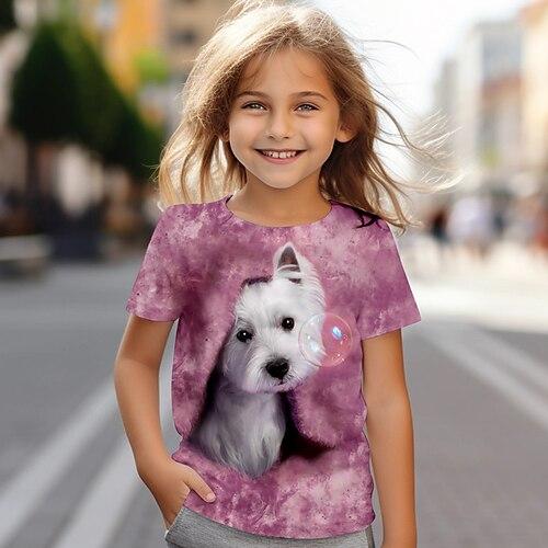 Mädchen T-Shirt mit 3D-Hund, rosa, kurzärmlig, 3D-Druck, Sommer, aktiv, modisch, süß, Polyester, Kinder, 4–12 Jahre, Rundhalsausschnitt, Outdoor, lässig, täglich, normale Passform