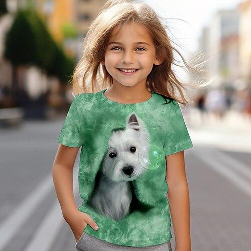 Mädchen T-Shirt mit 3D-Hund, rosa, kurzärmlig, 3D-Druck, Sommer, aktiv, modisch, süß, Polyester, Kinder, 4–12 Jahre, Rundhalsausschnitt, Outdoor, lässig, täglich, normale Passform