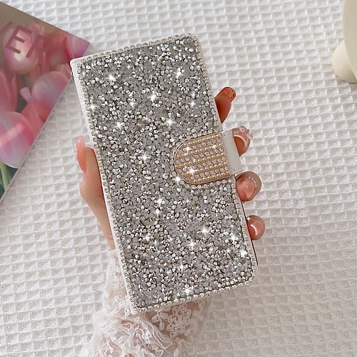 Handy Hülle Handyhüllen Für Samsung Galaxy S25 S24 S23 S22 S21 FE S21 Ultra Plus A55 5G A35 5G A25 A15 Brieftaschenhülle Bling Strass mit Handyband Glitzernd Kristalldiamant PU-Leder Image